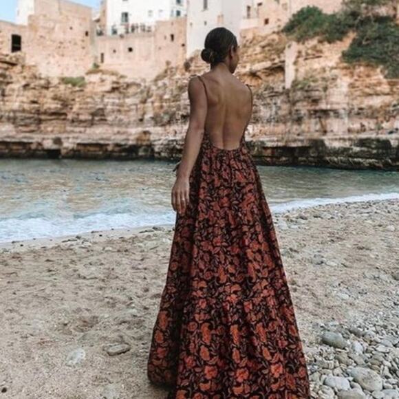 Matteau Low Back Floral Maxi Dress Pink Hibiscus - Picture 1 of 7